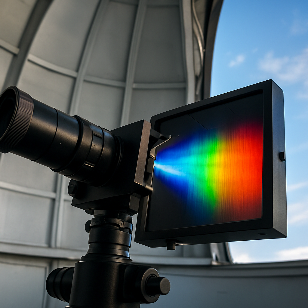 Nahaufnahme eines Spektrographen in einem Observatorium, Licht wird in ein Farbspektrum zerlegt