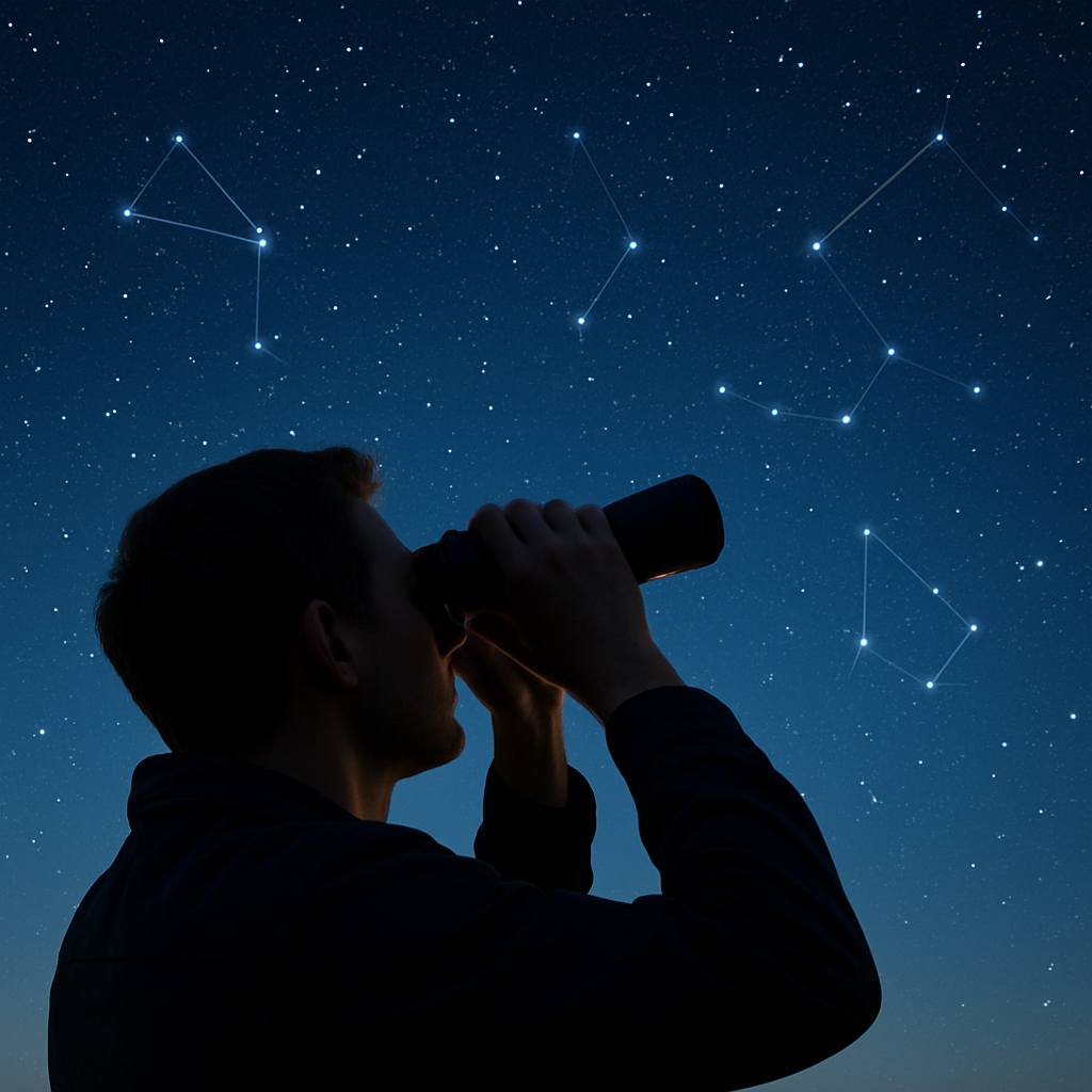 Person schaut mit einfachem Fernglas in klaren Nachthimmel, Sternbilder sind betont