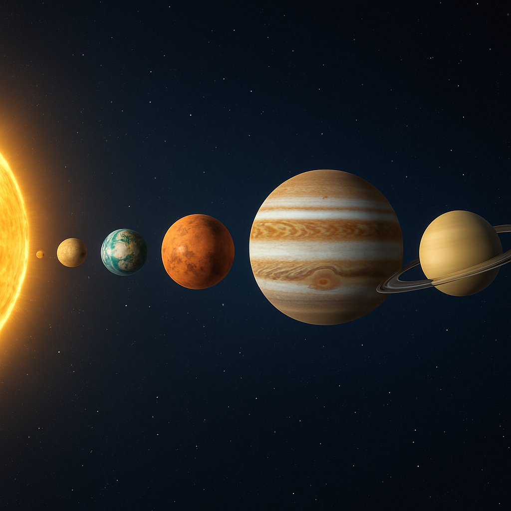 Illustration des Sonnensystems mit Sonne und acht Planeten, Größenverhältnisse angedeutet