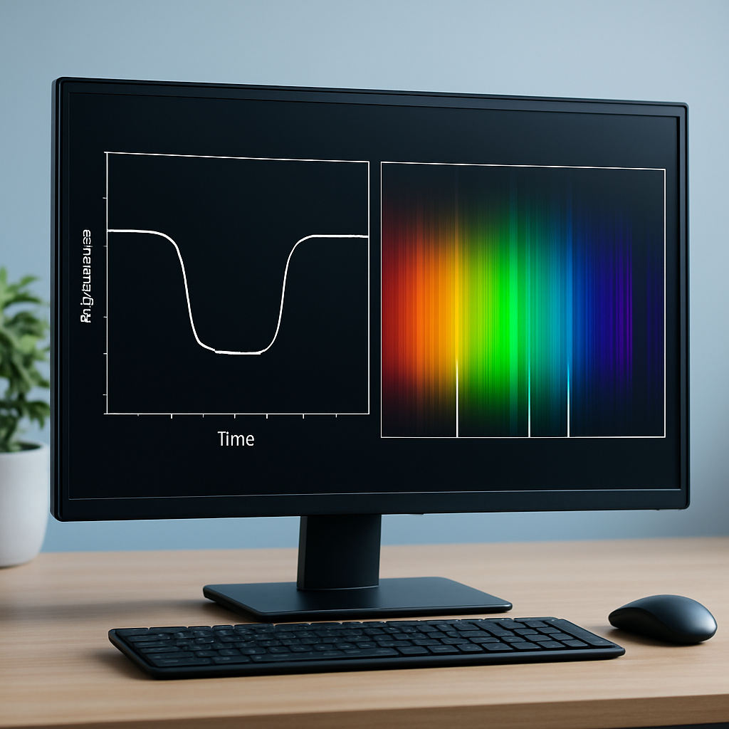 Computerbildschirm mit einer Lichtkurve (Transit-Signal) und daneben ein Spektrum mit markierten Linien