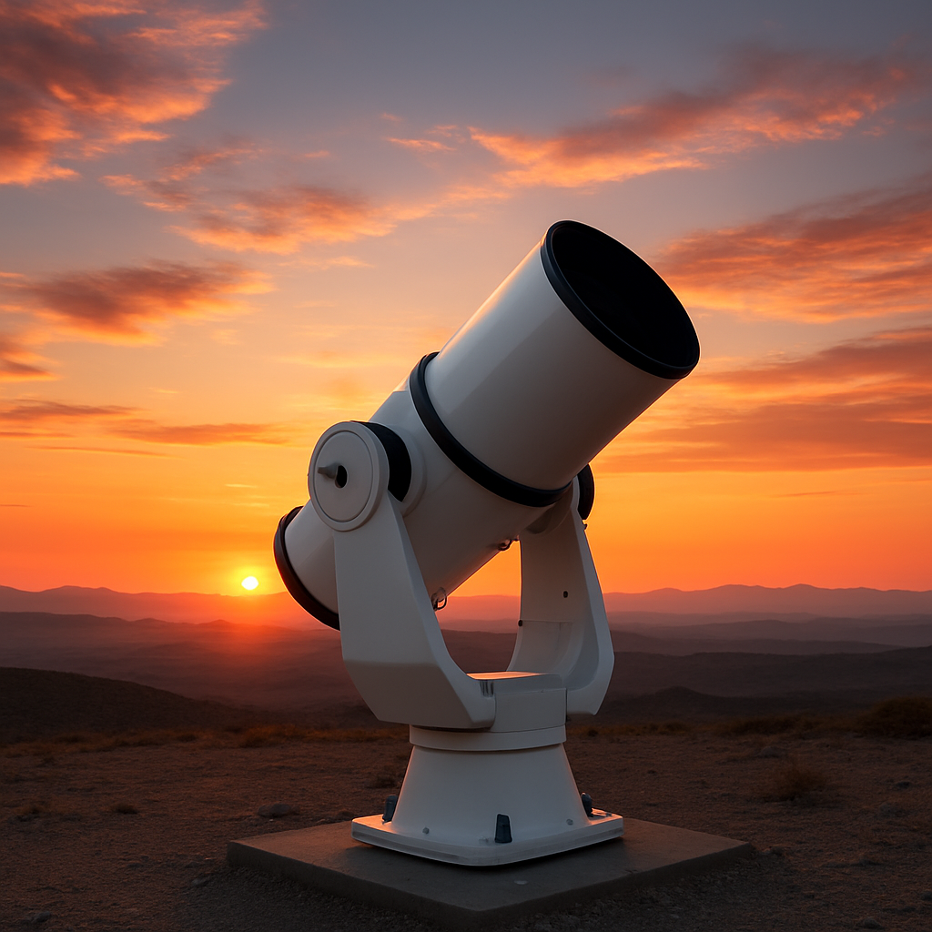 Großes bodengebundenes Teleskop bei Sonnenuntergang auf einem kahlen Bergplateau