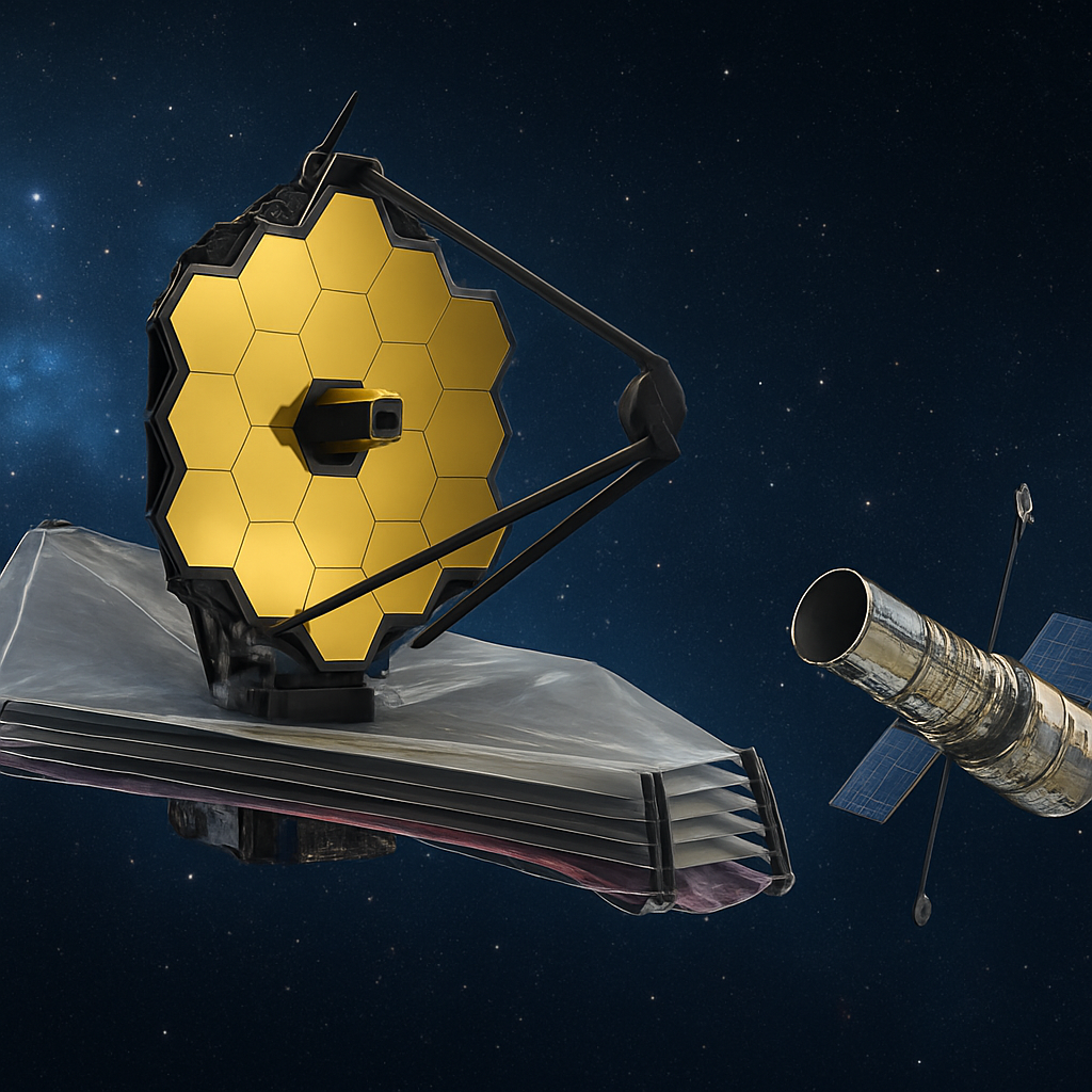 James Webb Space Telescope aufgehängt im Weltraum (Illustration), daneben Hubble als kleinere Grafik