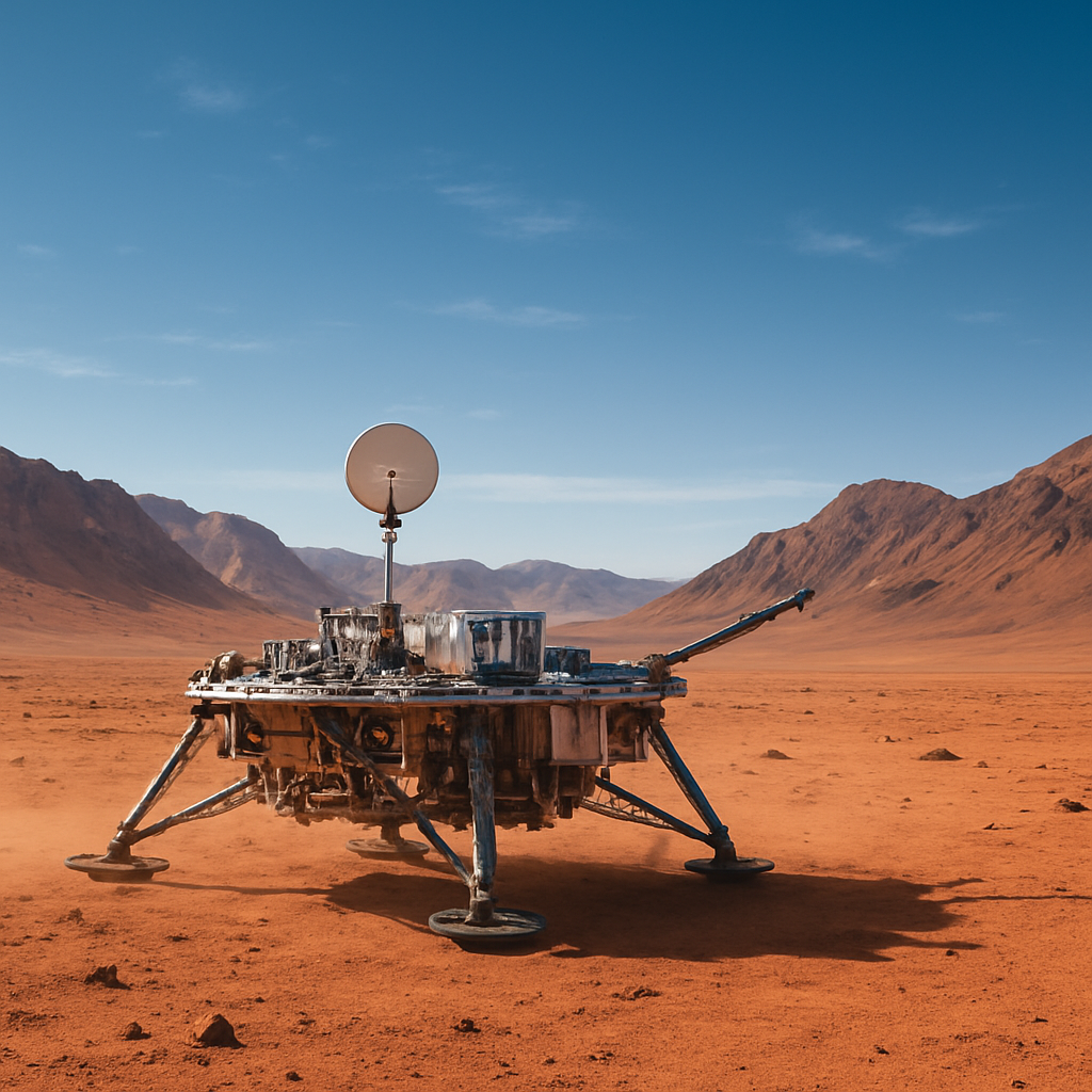 Landefähre auf staubiger Marsoberfläche, im Hintergrund Berge und blauer Himmel (künstlerisch)