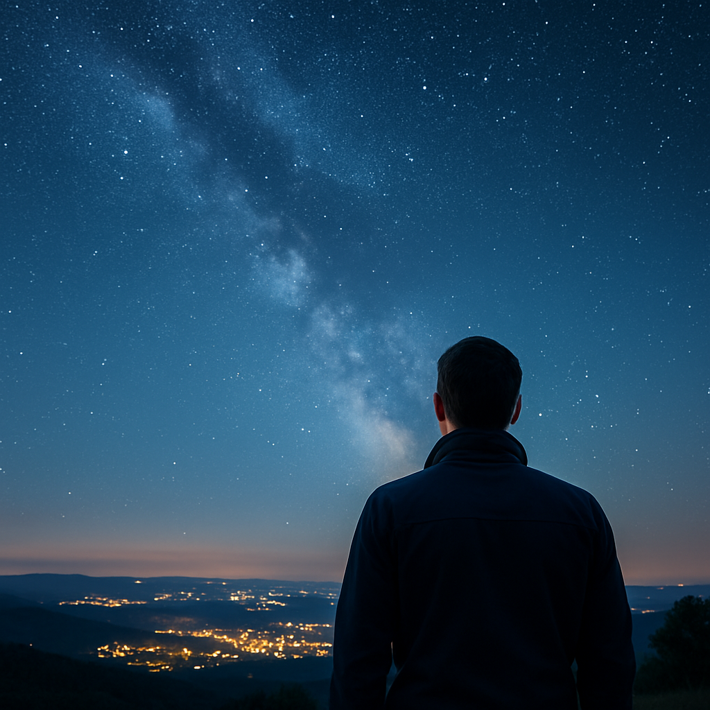 Person blickt vom beobachteten Aussichtspunkt auf eine Nachtlandschaft und einen klaren Sternenhimmel, symbolisch für Staunen und Wissenschaft