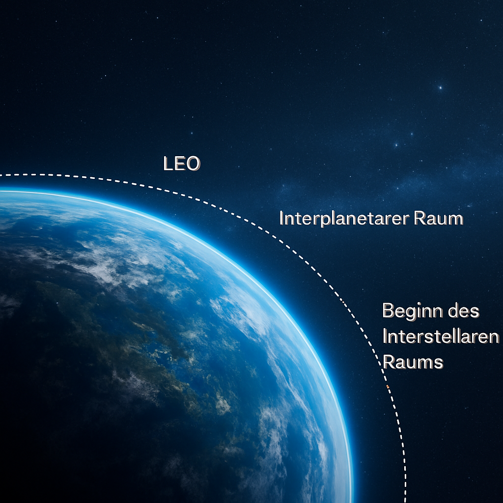 Illustration der Kármán-Linie mit Erde im Profil, Kennzeichnung LEO, interplanetarer Raum und Beginn des interstellaren Raums