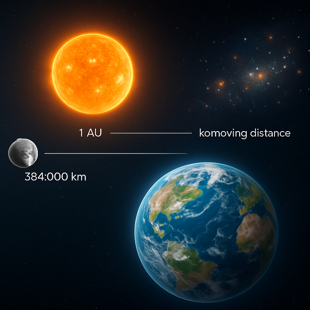 Grafik, die verschiedene Entfernungsmaße zeigt: Erde–Mond (384.000 km), Sonnenentfernung (1 AU), entfernteste Galaxien in komoving distance, mit Maßstabsleisten