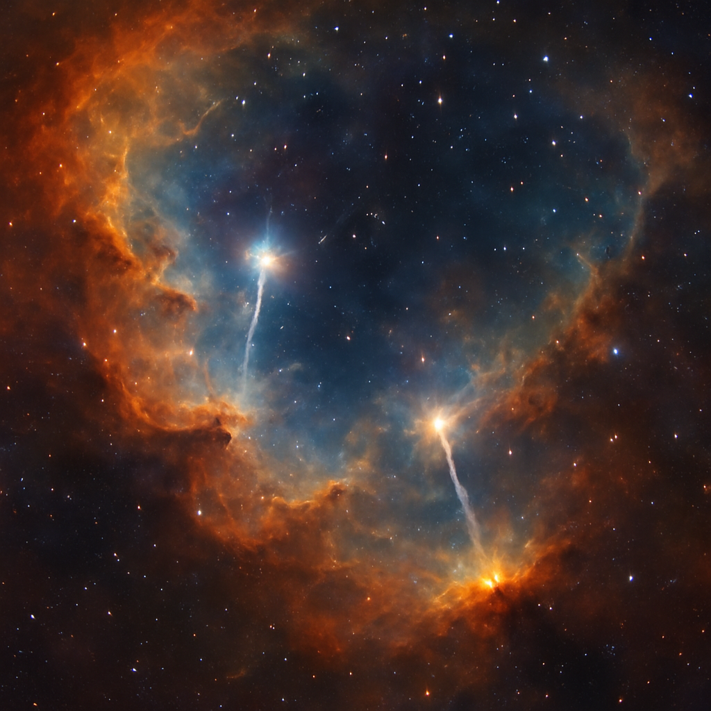 Künstlerische Darstellung einer Sternentstehungsregion (Gasnebel mit Protosternen und Jets), detailreich und farbig