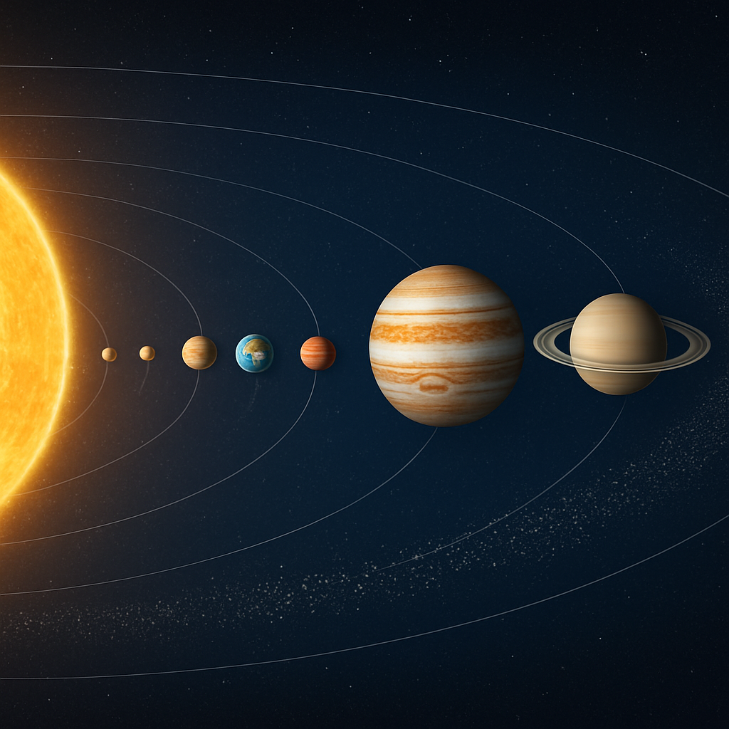 Schema unseres Sonnensystems im Maßstab (vereinfachte Radien), mit Kennzeichnungen von Asteroidengürtel und Kuipergürtel