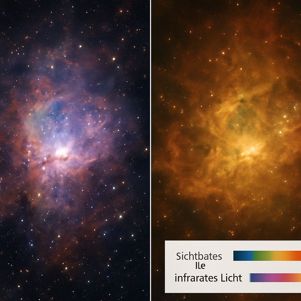 Fotomontage: Hubble-Bild links, JWST-Bild rechts, dazu ein kleines Erklärfeld 'sichtbares vs. infrarotes Licht'