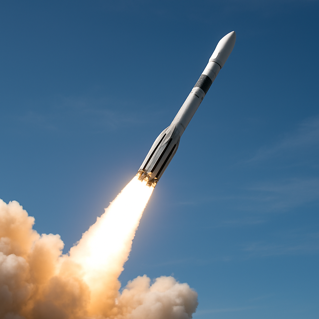 Start einer modernen Trägerrakete über hellem Himmel, Rauchsäule, Blickwinkel leicht seitlich, dynamisch