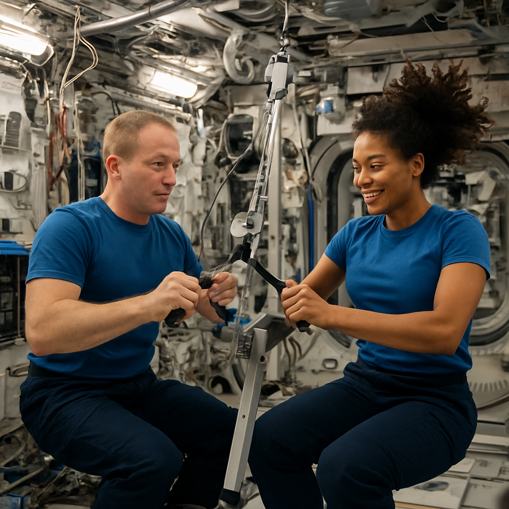 Innenraum der ISS mit Astronauten beim Training an einem Widerstandsgerät, Kabel und Geräte sichtbar, intime Alltagsszene