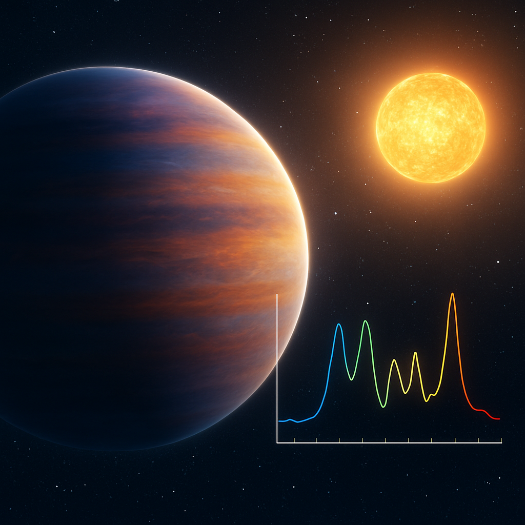 Künstlerische Darstellung eines Exoplaneten vor einem Stern, mit Hervorhebung von Atmosphärenspektren als Graphik