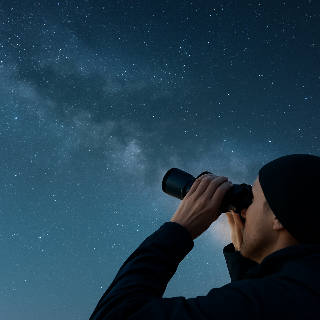 Person mit 7x50-Fernglas unter einem klaren Sternenhimmel, Blickrichtung zur Milchstraße, ruhige Szene