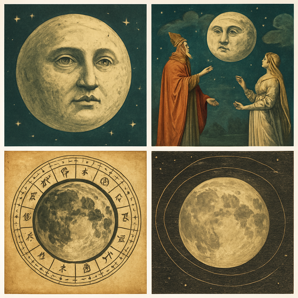 Historische Mondlegenden und Mondkalender-Darstellungen, Collage aus alten Illustrationen