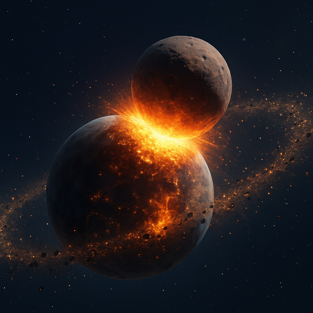 Animationsstill einer Simulation: Einschlag eines marsgroßen Körpers in die Proto‑Erde, Trümmerscheibe formt sich