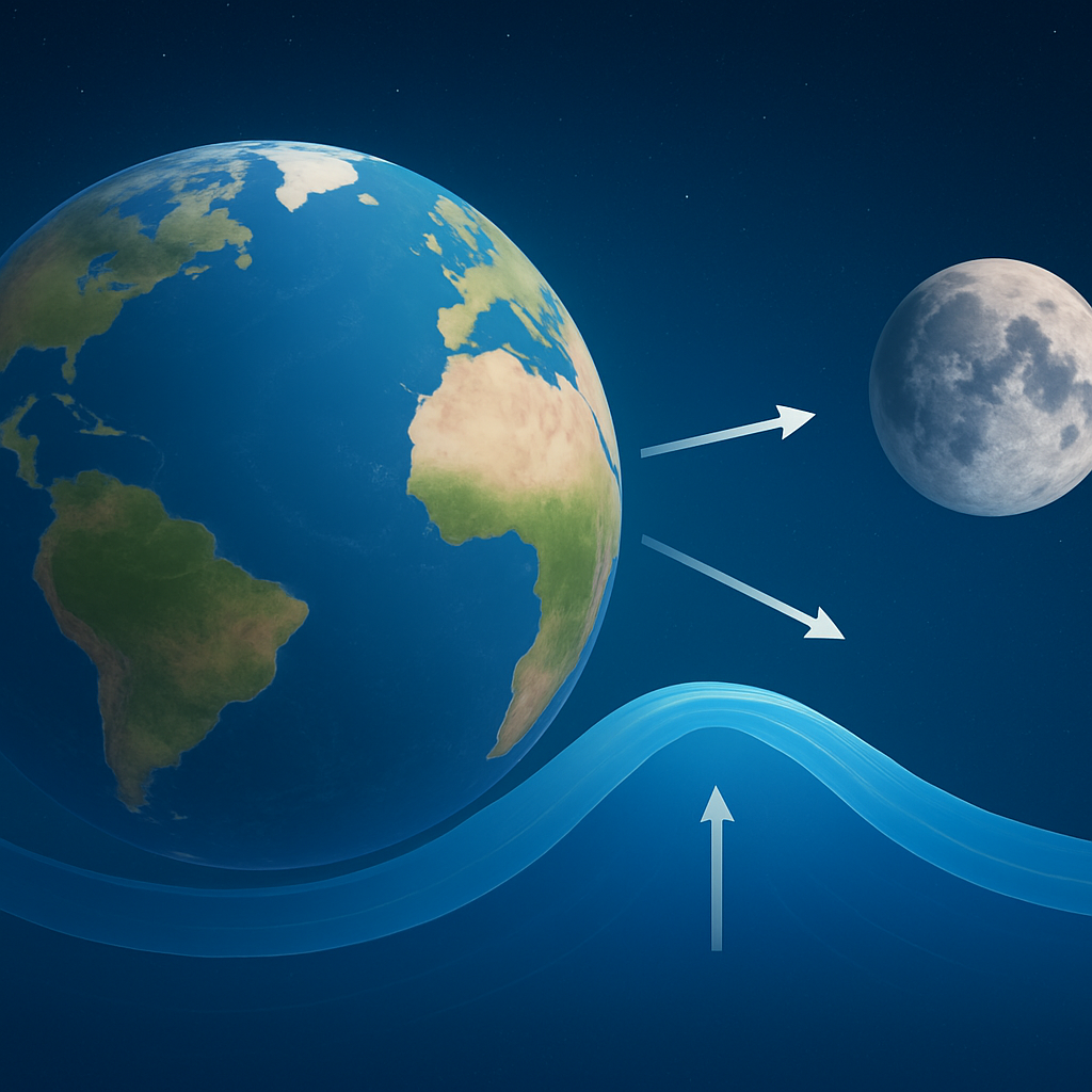 Grafik, die Entstehung von Gezeiten zeigt: Erde, Mond, Wasserberge und Pfeile der Gravitationswirkung