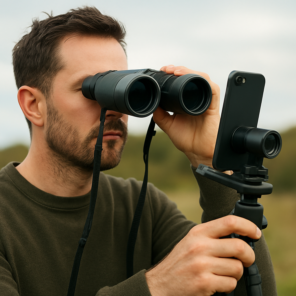 Beobachtungsszene: Person mit 10x50‑Fernglas, daneben ein kleines Teleskop, Smartphone am Okular für ein Foto