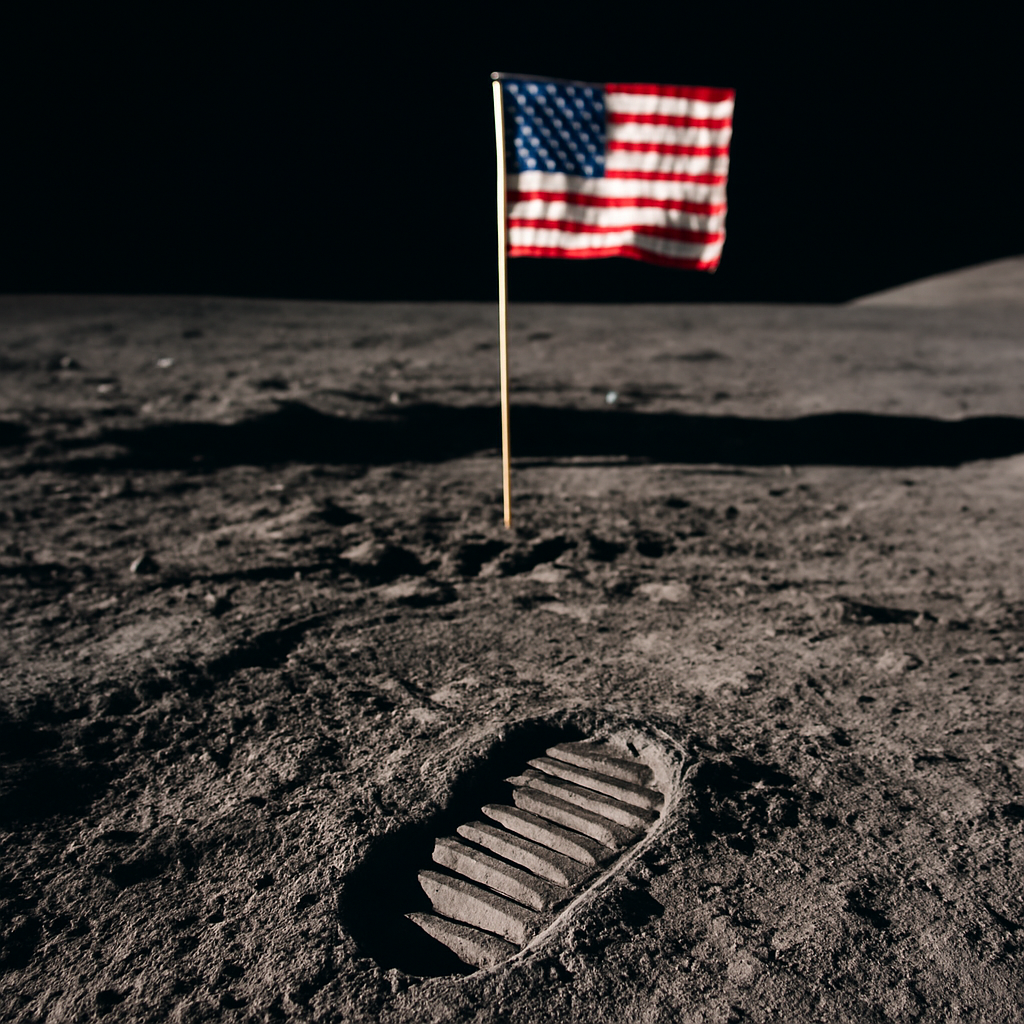 Historisches Foto: Fußabdruck auf der Mondoberfläche, Apollo‑Foto mit Flagge im Hintergrund