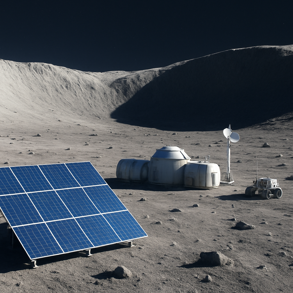 Konzeptgrafik einer kleinen Mondbasis in der Nähe eines hellen Hochrückens mit Solarpaneelen, dahinter dauerbeschatteter Krater