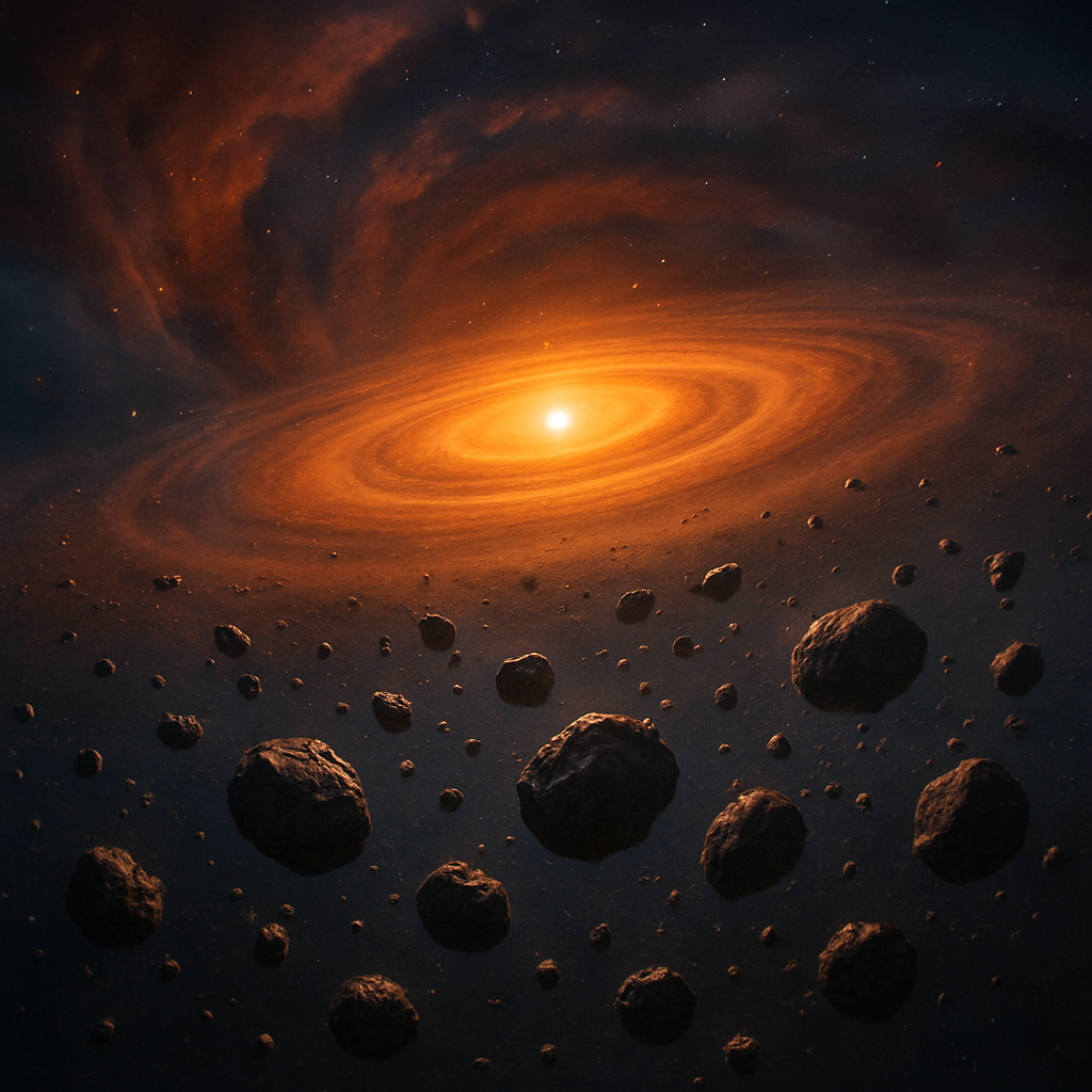 Künstlerische Darstellung einer kollabierenden Molekülwolke mit der Entstehung einer protoplanetaren Scheibe; zoom auf Staubkörner, die zu Planetesimalen zusammenklumpen.