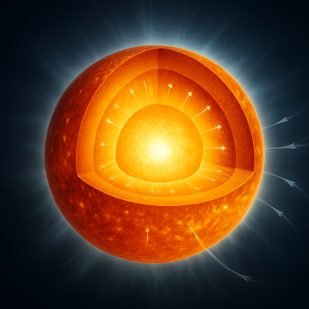 High‑resolution Grafik des Sonnenaufbaus (Kern, Strahlungszone, Konvektionszone, Photosphäre, Corona) mit Pfeilen für Energiefluss und Sonnenwind.