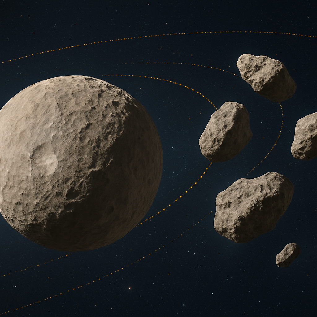 Fotomosaik von Ceres (Dawn‑Mission) und typischen Asteroiden, dazu schematische Darstellung des Asteroidengürtels (2,1–3,3 AE).