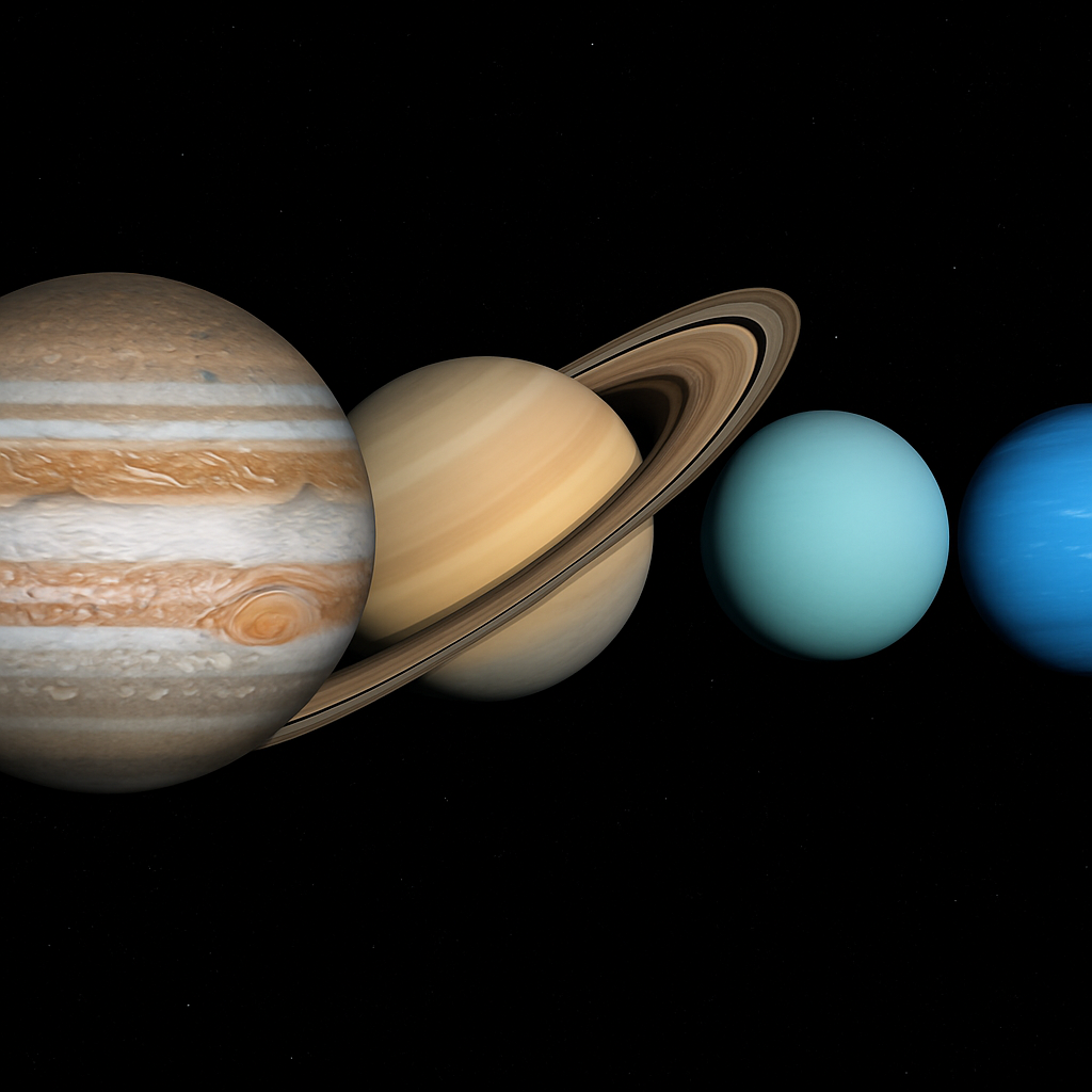 Montage der vier äußeren Planeten mit typischen Merkmalen: Jupiter (Großer Roter Fleck), Saturn (Ringe), Uranus (extreme Achsneigung), Neptun (bläuliche Atmosphäre und Sturmsysteme).
