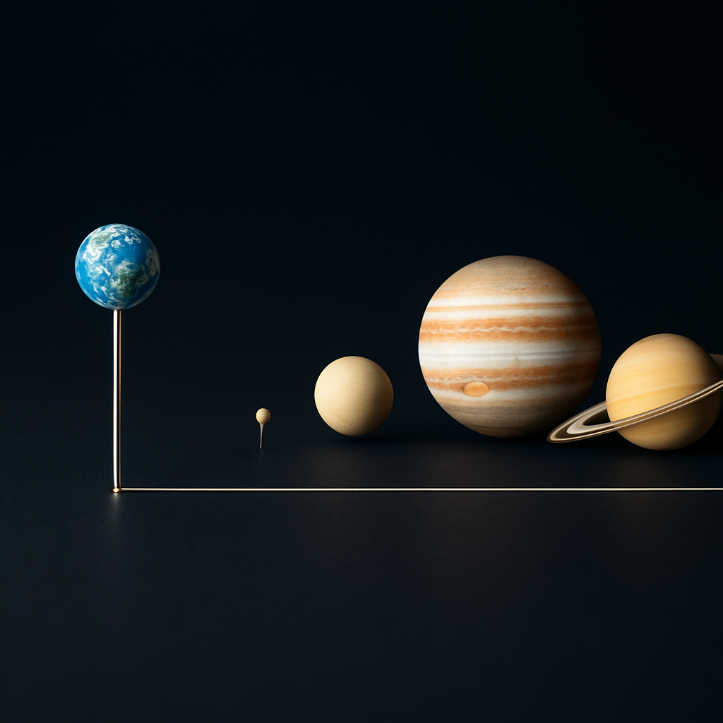 Maßstabsvisualisierung (naher Maßstab für Planetengrößen, weiter Maßstab für Abstände) mit Vergleich: Erde als Stecknadelkopf und Entfernung zum nächsten Planeten in Metern für ein typisches Schulmodell.