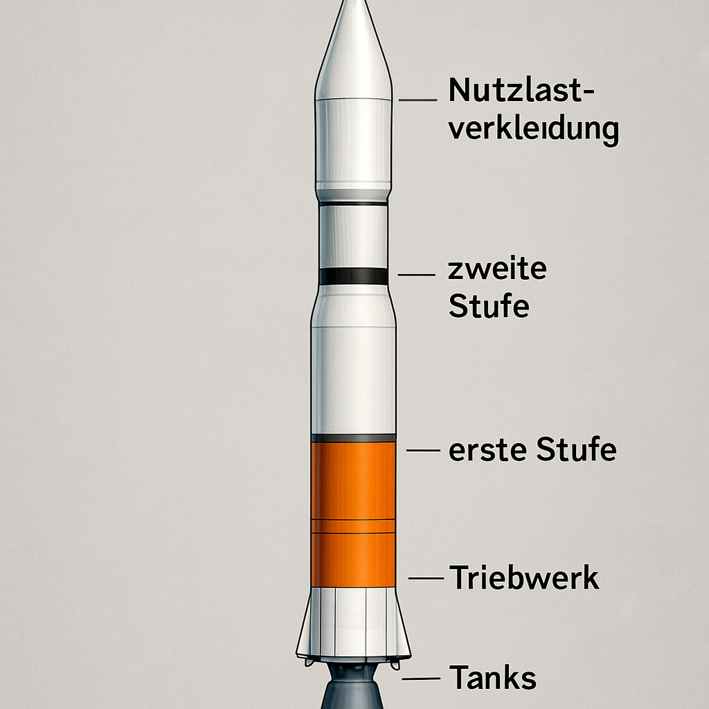 Schemazeichnung einer Rakete mit beschrifteten Abschnitten: Nutzlastverkleidung, erste Stufe, zweite Stufe, Triebwerk, Tanks