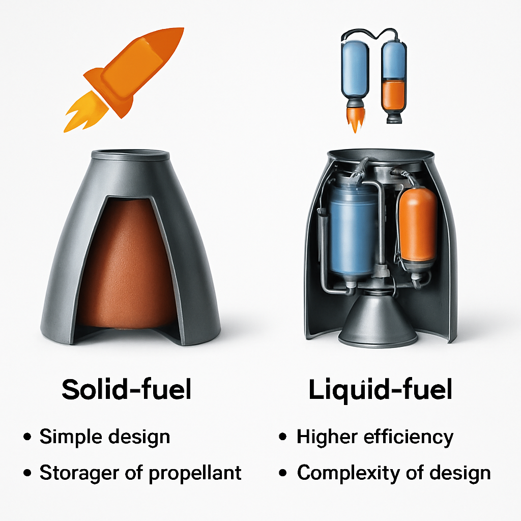 Grafik: Vergleich Feststoff- und Flüssigtriebwerk, Vor- und Nachteile kurz aufgeführt