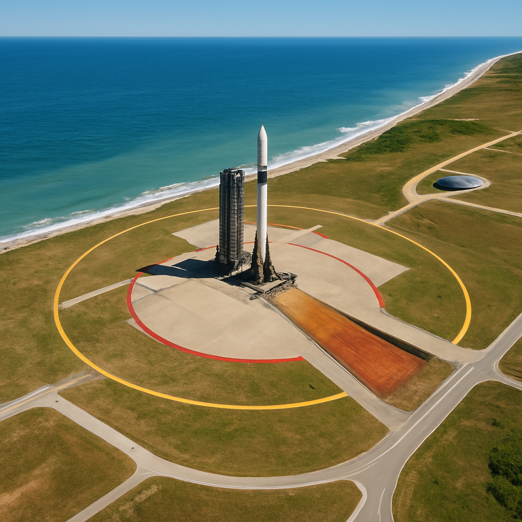 Luftaufnahme eines Küstenstartplatzes mit sichtbar markierten Sicherheitszonen und Flammenkanal