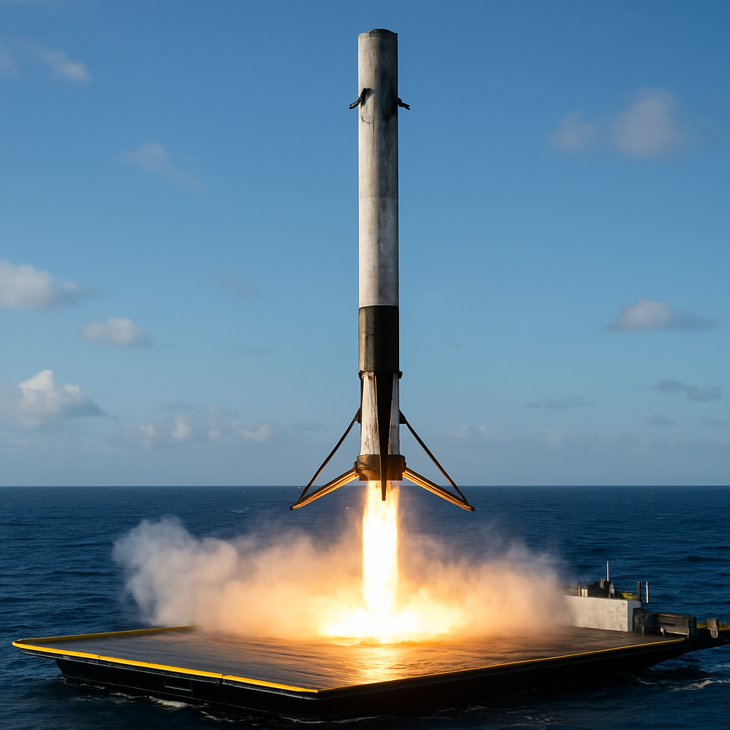 Sequenzbild einer Booster-Rückkehr zur Landung auf einer Seeplattform, mit sichtbaren Triebwerkszündungen zur Bremsung