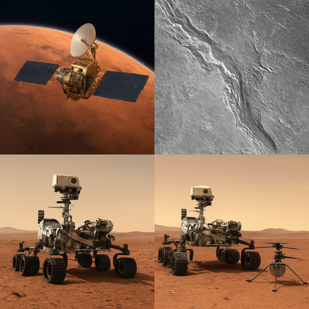 Montage: MRO aus dem Orbit, Mars Express mit Radarbodenbild, Curiosity auf Marsoberfläche, Perseverance mit Helikopter Ingenuity
