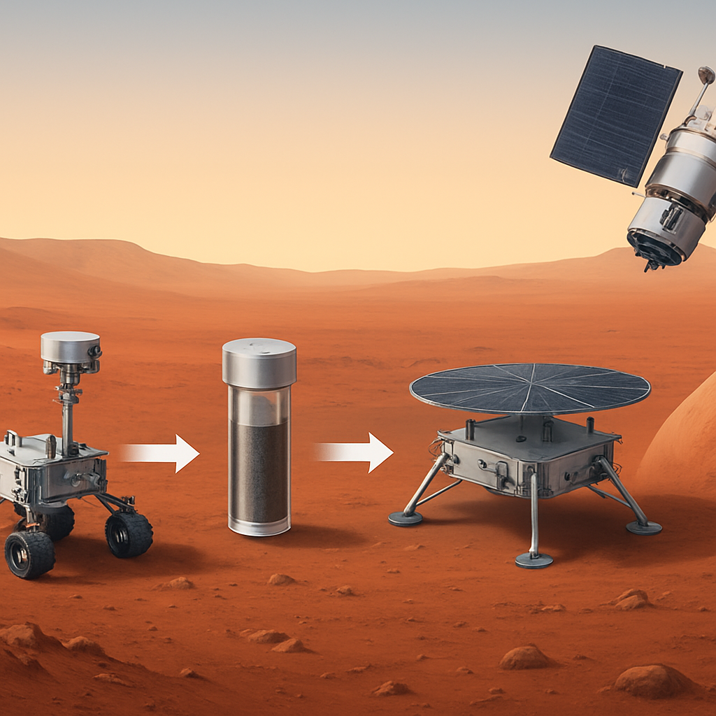 Illustration des Sample‑Return‑Ablaufs: Probenentnahme durch Rover, versiegelte Röhrchen, Abholung durch Plattform, Transfer in Orbiter