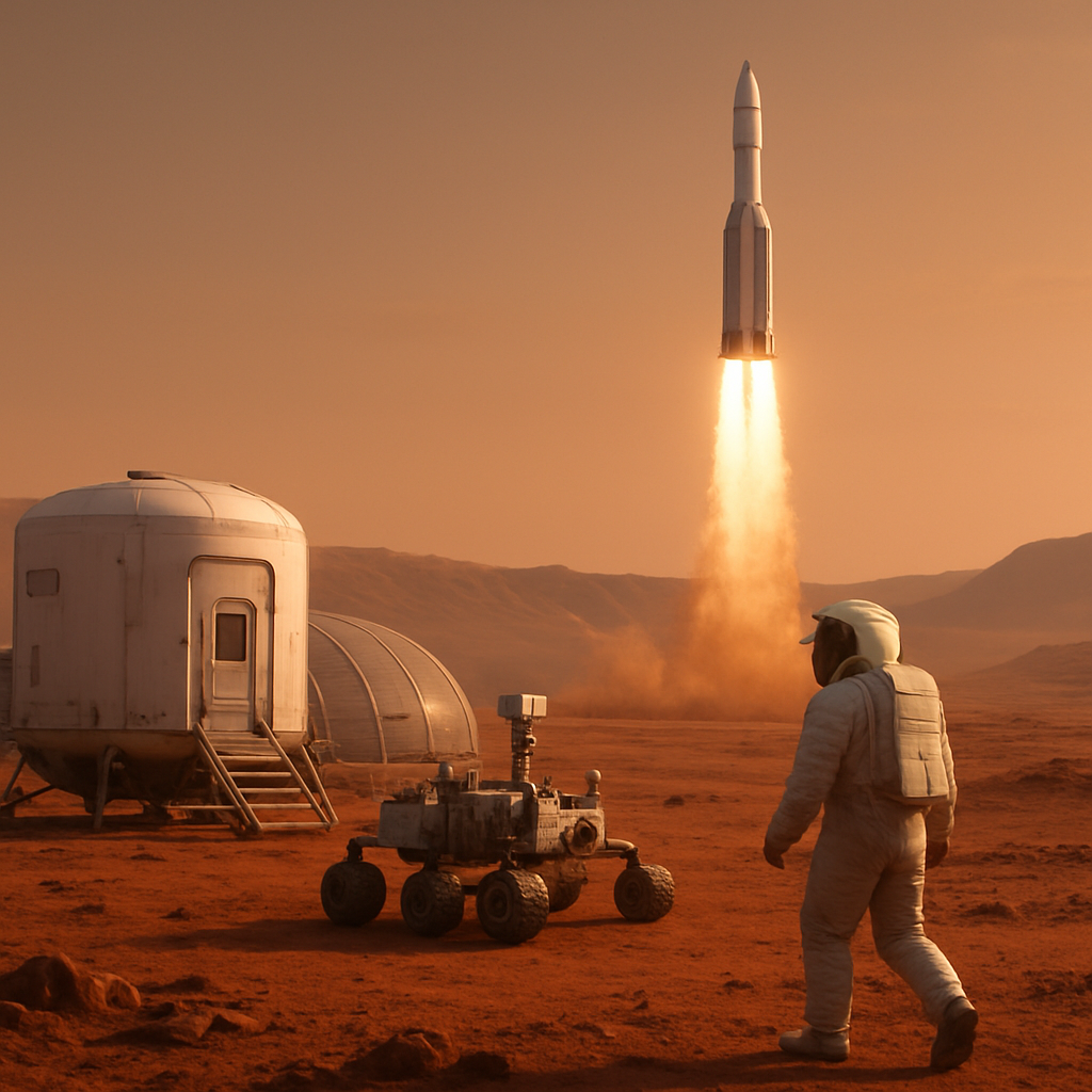 Konzeptgrafik einer bemannten Marsmission: Hab, Rover, Raketenstart von Marsoberfläche; realistische, nüchterne Farbgebung