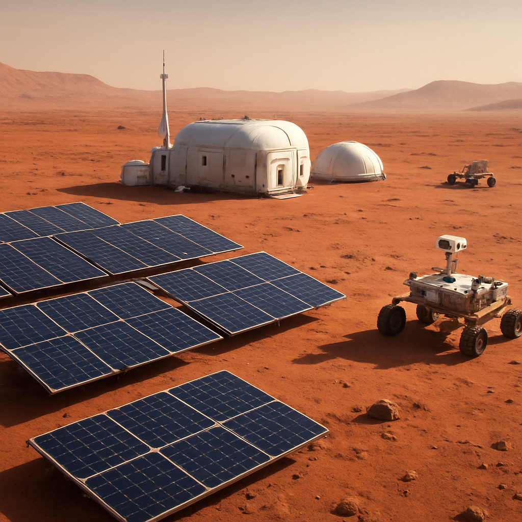 Künstlerische Darstellung eines zukünftigen Mars‑Landezentrums mit Solararrays, Habitat und Roveraktivitäten in einer weiten Ebene