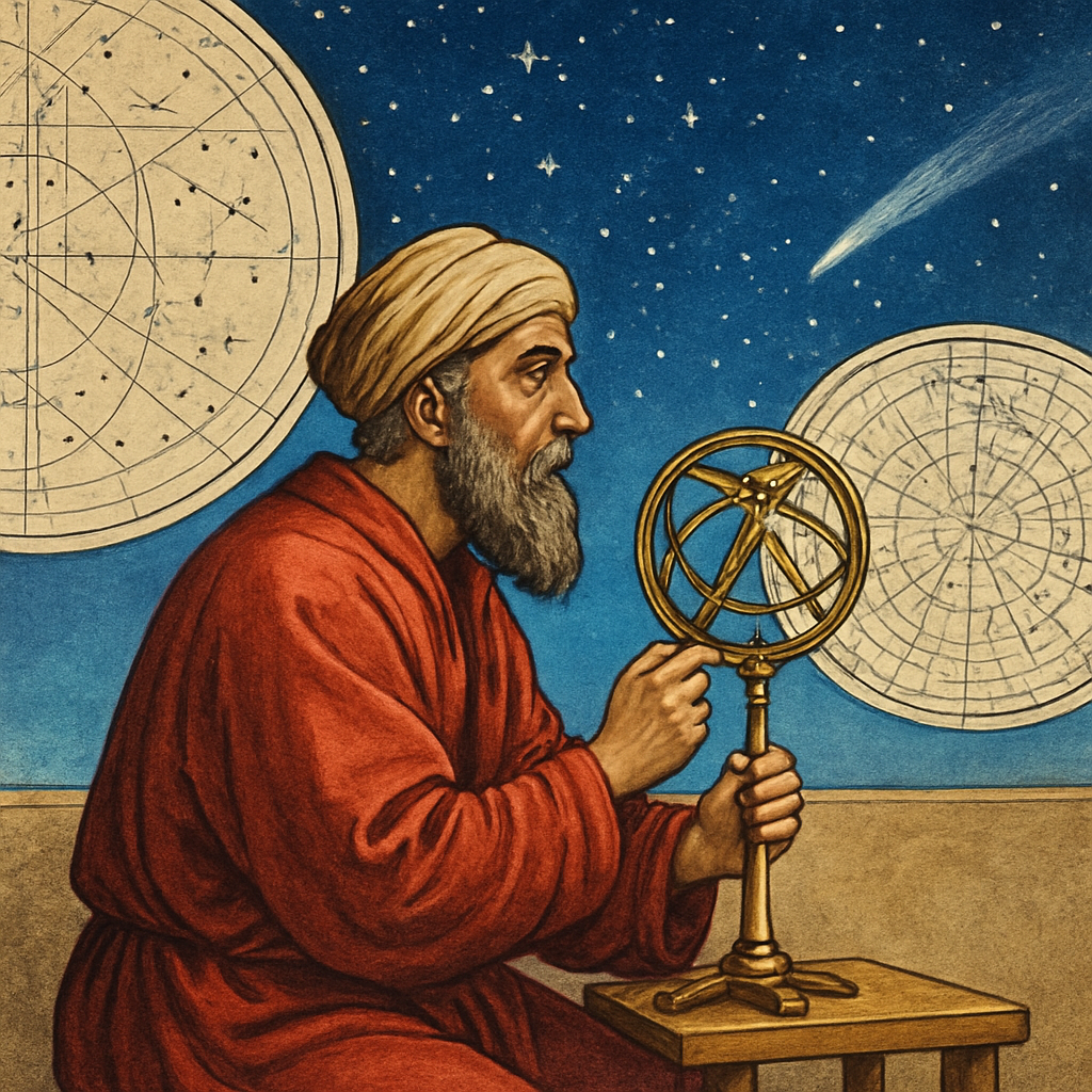 A historical illustration: an ancient astronomer observing the sky with simple instruments under star charts, emphasizing practical sky-watching across cultures.