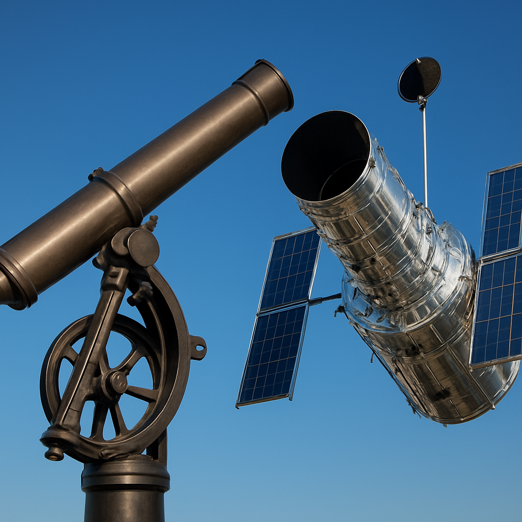Close-up image of an early reflecting telescope and a modern space telescope side by side, symbolizing technological progress.