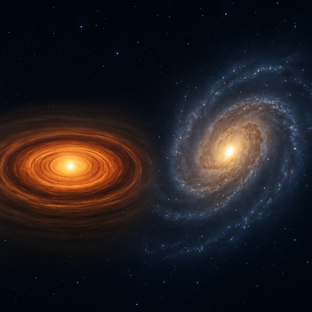 Composite image showing a planet-forming disk (artist's view) and a distant galaxy as seen by a space telescope, illustrating scale from small to large.