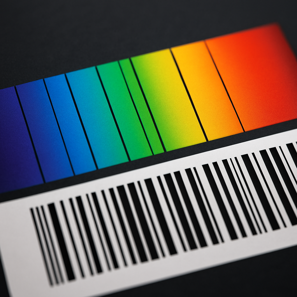 Visualization of a spectrum with labeled absorption lines, compared to a barcode analogy, to explain how elements are identified.