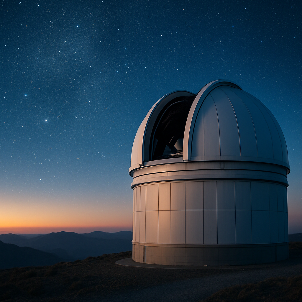 Photograph of a modern observatory dome at dusk with stars above, emphasizing remote mountain locations and large mirror telescopes.