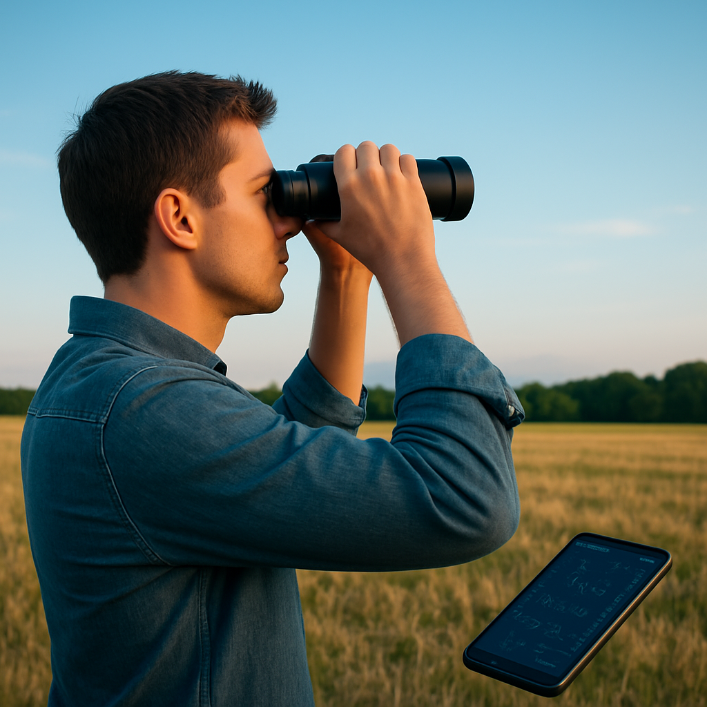 Person using binoculars under a clear sky on a countryside field, with a smartphone star-app visible but set aside to encourage direct observation.