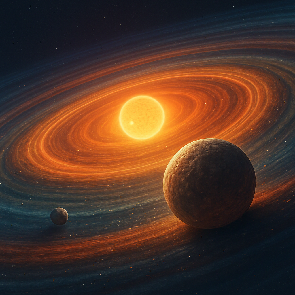 Animation oder Illustration einer protoplanetaren Scheibe mit wachsendem Planetesimal und Protoplanet