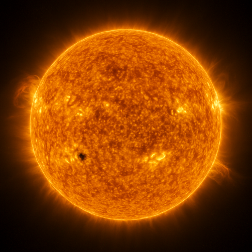 NASA-Aufnahme der Sonne mit sichtbaren Sonnenflecken und koronalen Ausbrüchen