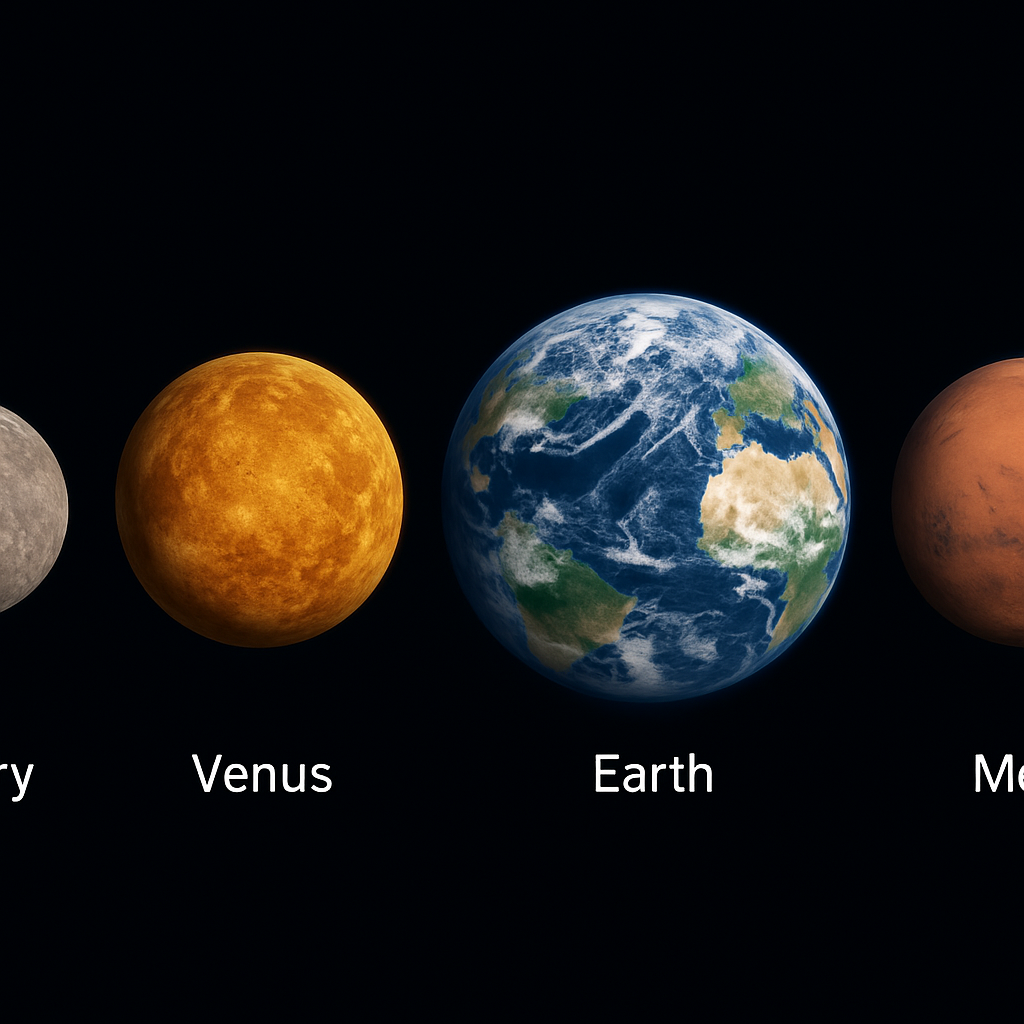 Kompilationsbild: Merkur, Venus, Erde, Mars nebeneinander mit kurzen Beschriftungen zu Größe, Atmosphäre und Temperaturcharakteristika