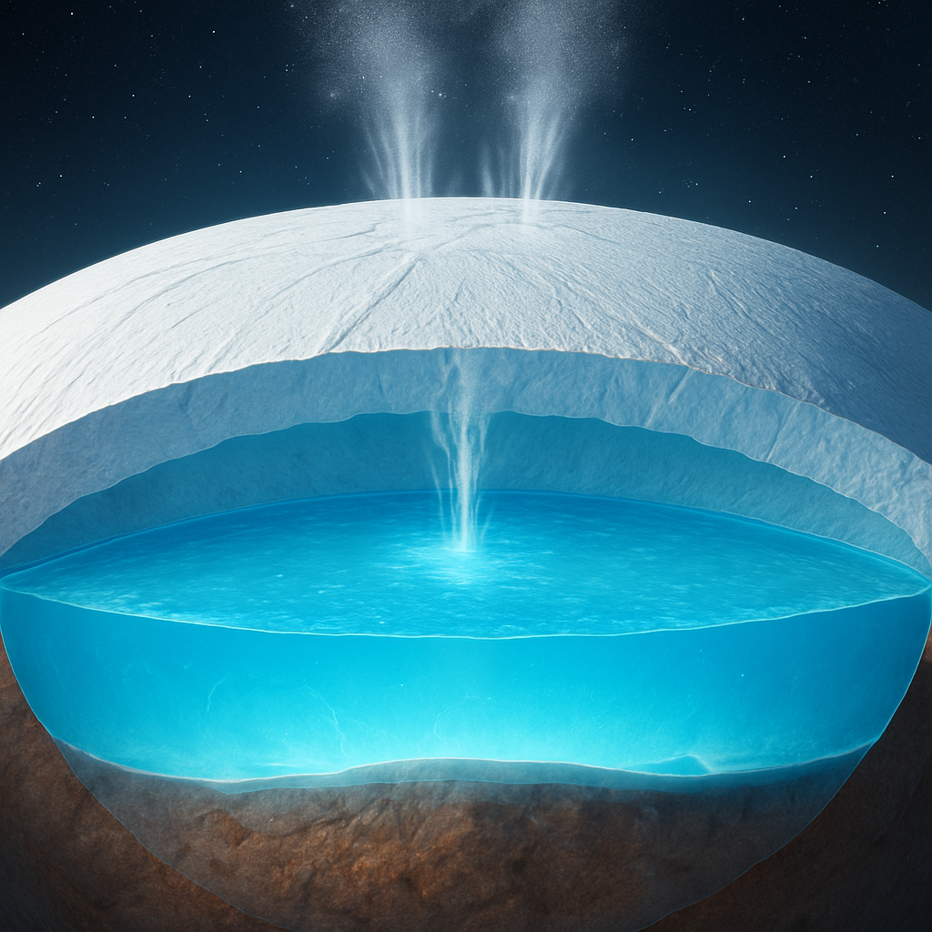 Detailaufnahme von Enceladus' Geysiren oder schematische Darstellung eines subglazialen Ozeans unter einer Eiskruste