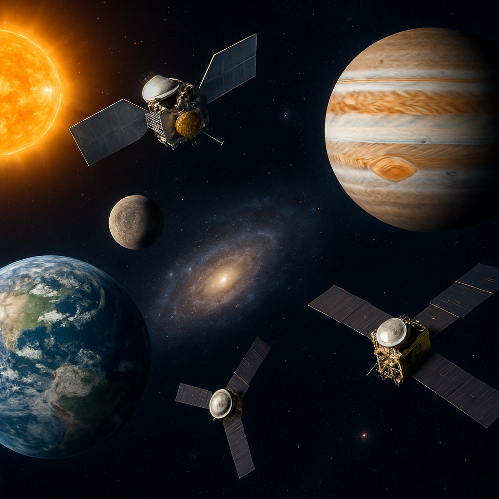 Montage von Missionsbildern (OSIRIS‑REx, Hayabusa2, Juno), ergänzt durch ein Teleskopbild (Hubble/James Webb))