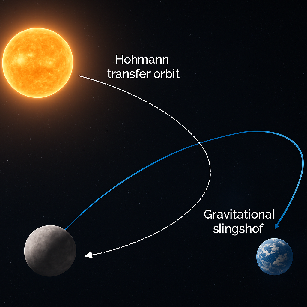 Diagramm einer Hohmann-Transferbahn und eines Swing-by-Manövers mit schematischer Beschriftung zur Energieeinsparung