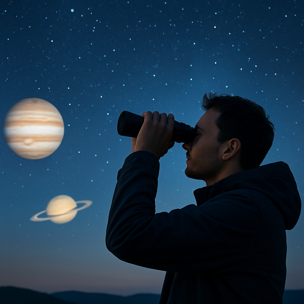 Person mit Fernglas unter einem klaren Sternenhimmel, im Vordergrund leicht angedeutete Silhouetten von Jupiter und Saturn
