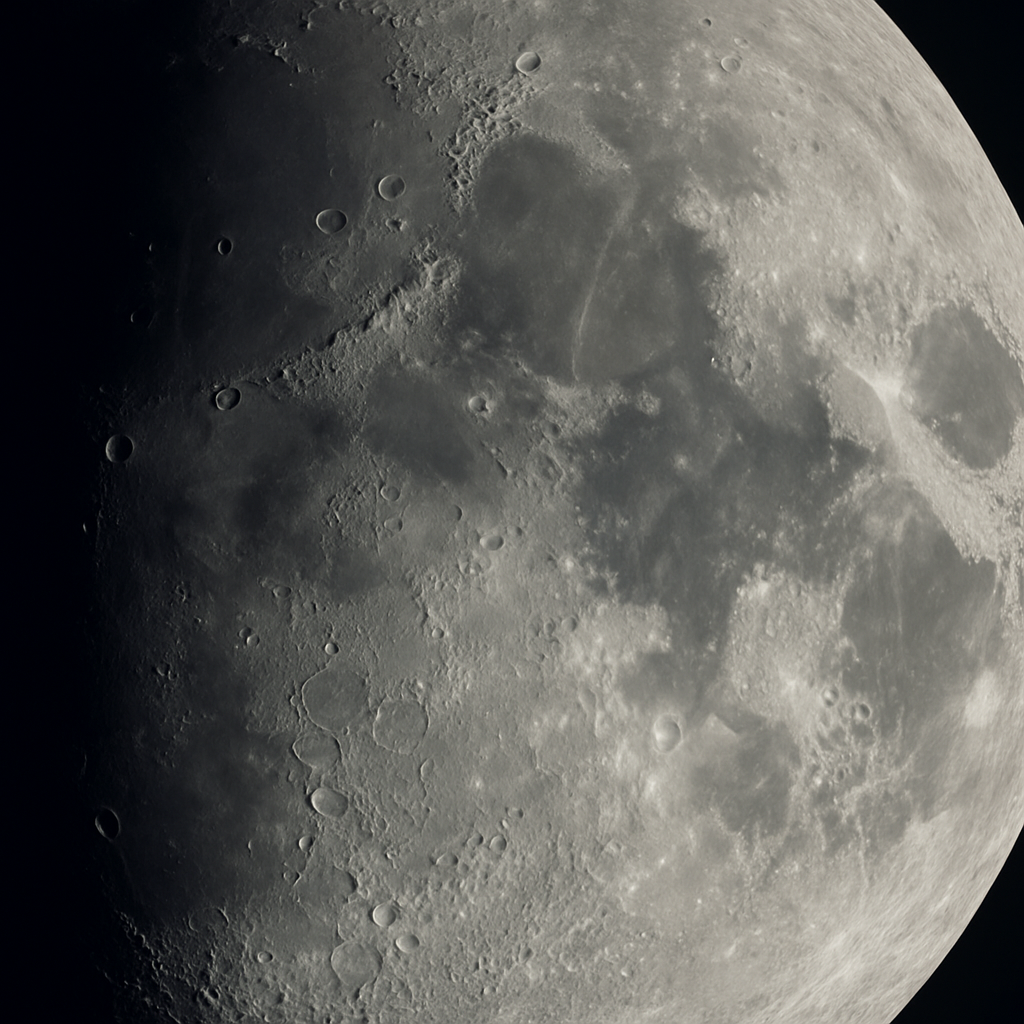 Detailaufnahme des Mondterminators mit markanten Kratern wie Copernicus und Plato. Nahaufnahme, hohe Schärfe, deutliche Schattenwürfe entlang des Terminators